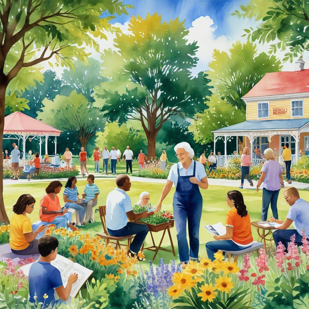 An illustration of a diverse group of people, young and old, gathered in a vibrant park, sharing ideas, laughing, and engaging in various activities like gardening, playing music, and painting together. The scene is infused with colorful flowers, trees, and a community bulletin board filled with positive messages and resources. A warm, inviting atmosphere that portrays unity and collective happiness. watercolor style. vibrant colors. natural sunlight.
