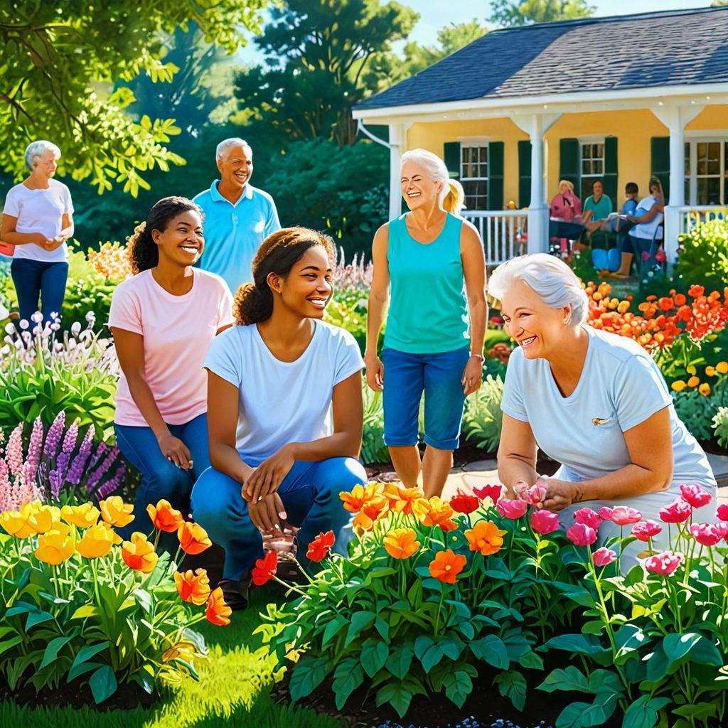 A serene landscape filled with colorful flowers and lush greenery, depicting a diverse group of people engaging in joyful activities, such as gardening and sharing laughter. In the background, a sunlit community center symbolizing support and connection. The atmosphere should radiate warmth and positivity, inviting viewers to embrace emotional well-being. soft pastel colors. painting.
