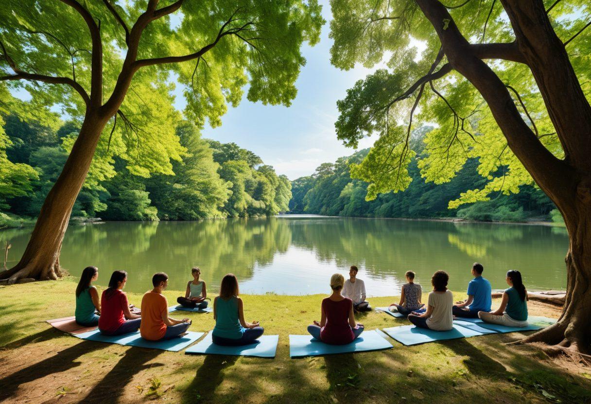 A serene environment featuring a diverse group of people engaging in a supportive community gathering, surrounded by symbols of mental health like brain and heart icons, tools such as journals and mindfulness apps, and nature elements like trees and a calm river. The scene conveys empowerment, support, and healing. vibrant colors. super-realistic.